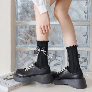 Black Lolita calf socks with double bow and lace trim paired with oxfords