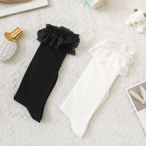 Detail of JK style knee-high socks featuring delicate double-layered lace frill trim