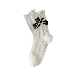 Japanese Lolita white knee-high socks with double bows and vintage hollow knit pattern