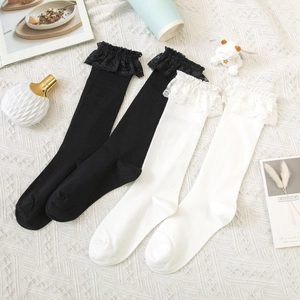 Lace trim JK uniform high socks in black and white colors for sweet Lolita style