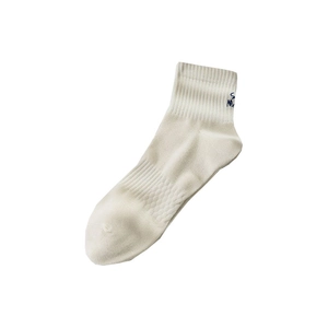 White crew socks with vertical rib textures and blue letter embroidery on the ankle