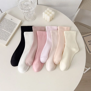 Women Mid Calf Socks Cotton Blend Breathable Solid Color Japanese JK Style Casual Ribbed Crew Socks For Daily Wear