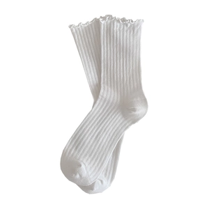 White ribbed crew socks for women featuring ruffled edges and breathable mesh design