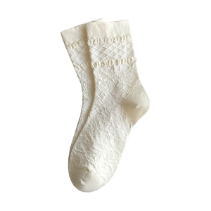 Japanese style cream white lace crew socks with floral jacquard and ruffled edges