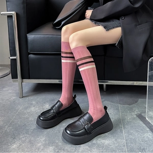 Pink striped knee high socks with black platform loafers in minimalist preppy style