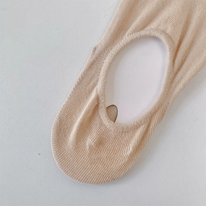 Close-up of beige low-cut invisible five-toe socks with non-slip silicone heel grip