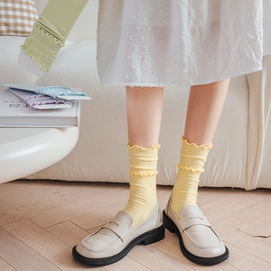 Detailed view of yellow ribbed knit socks with double layered ruffle cuffs in Japanese style