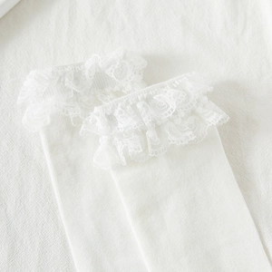 Détail de chaussettes Lolita blanches avec volants en dentelle et texture à côtes fines