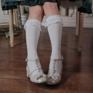 Japanese style white lace trim knee-high socks with beige Mary Jane bow shoes