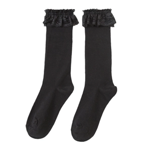 Japanese style black knee high socks with delicate lace ruffles and ribbed texture