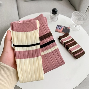 Detailed close-up of ribbed cotton knee socks with stylish multi-color striped patterns