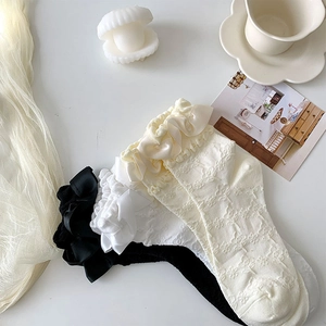 Detail of Lolita style lace socks with satin ruffle edges in black white and beige colors