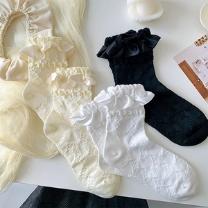 Detailed view of sweet Lolita socks with 3D floral textures and delicate lace ruffles