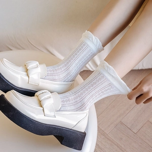 Detail of white hollow-out mesh socks with ruffled cuffs and black platform loafers