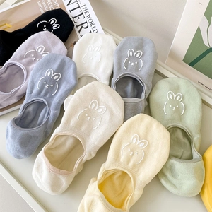 Detail view of cotton low-cut liner socks featuring cute embroidered rabbit patterns