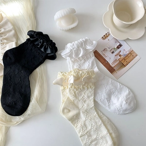 Lolita Lace Socks Sweet Princess Ruffle Edge Cotton Blend Jacquard Floral Bow Ribbon Retro Academy Style For Women