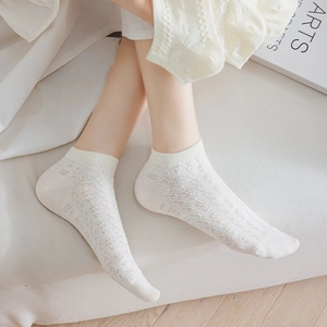 Detail of white low-cut socks with intricate hollow pointelle knit and ribbed cuffs