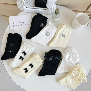 Sausage de chaussettes Lolita avec volants, nœuds et broderie florale délicate