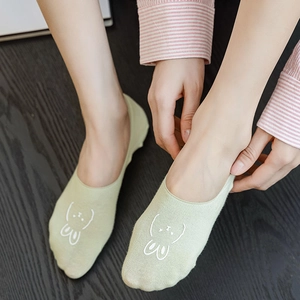 Women's light green cotton no-show socks with a cute cartoon rabbit pattern design