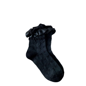 Sweet Lolita style black lace knee high socks with elegant ribbon ruffles and floral mesh