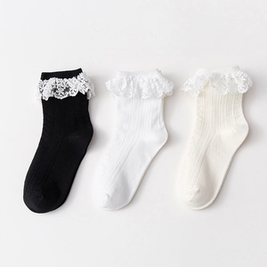 Détail des revers en dentelle sur des chaussettes côtelées noires, blanches et crème
