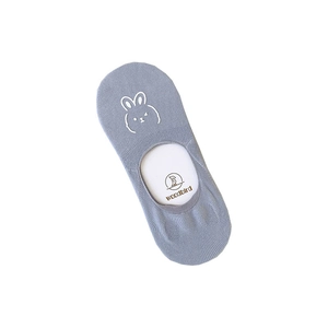 Light blue low cut invisible boat socks for women with cute white rabbit cartoon pattern