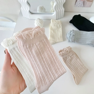 Detail of multi-color knit socks with scalloped edges and ribbed texture for summer wear