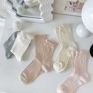 Detail of white hollow mesh socks with ruffled cuffs in Japanese sweet style
