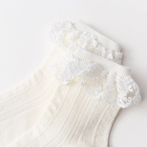 Vue détaillée de chaussettes blanches en tricot côtelé avec double bordure en dentelle