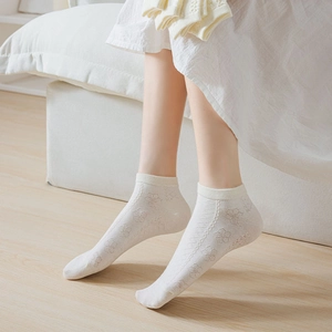 Japanese style white cotton ankle socks with hollow floral pattern for women