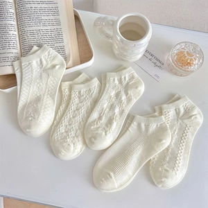 Women Ankle Socks Cotton Blend Breathable Hollow Out Floral Knit Low Cut Japanese Sweet Style White
