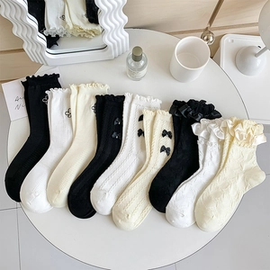 Chaussettes Mi-Mollet Lolita Mélange Coton Bordure Volantée Noeud Papillon Künstliche Perle Broderie Florale Style JK Femmes Doux