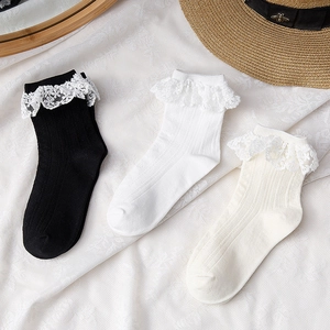 Chaussettes Mi-Mollet Bordées De Dentelle En Coton Côtelé Style Preppy Lolita Doux Pour Femmes Filles