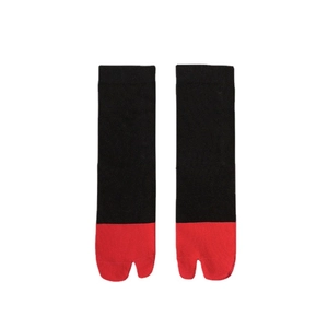 Two-toe tabi socks in black and red contrast knit design, long mid-calf length style