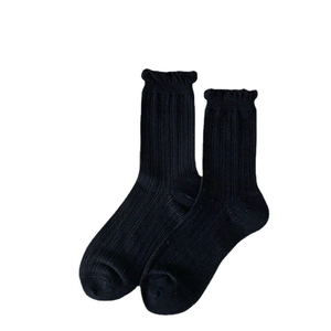 Japanese style white lace crew socks with sweet ruffle cuffs and vertical ribbed pattern