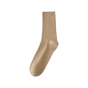 Minimalist men mid-calf cotton socks in khaki vertical striped knit and ribbed texture
