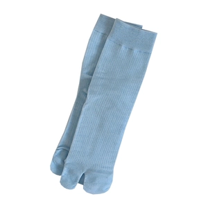 Light blue Japanese tabi socks with vertical ribbed texture and two-toe split design