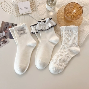 Women Mid-Calf Socks Cotton Blend Lace Ruffle Trim Bowknot Sweet Lolita JK Style Japanese Princess White