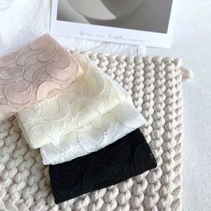 Detail of lace mid-calf socks featuring crescent patterns on a knit background