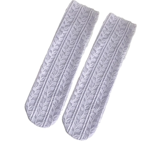 Sheer light purple mesh slouch socks with intricate leaf lace pattern for women