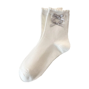 White Lolita lace trim calf socks with grey bows and elegant ruffled edge design