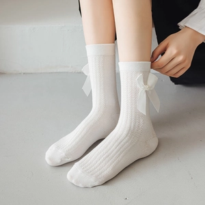 Chaussettes Mi-mollet Pour Femmes Filles Style JK Japonais Mélange De Coton Tricot Côtes Avec Nœud Satin Et Künstliche Perle