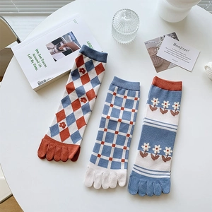 Detailsatz von drei Fünf-Finger-Baumwollsocken mit Gänseblümchen-Stickerei und Mustern