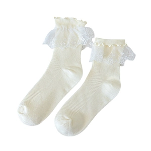 Chaussettes blanc crème avec dentelle à volants, broderie florale et nœuds pour femmes