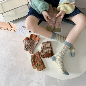 Detail showing vintage knitted crew socks with herringbone, floral, and plaid patterns