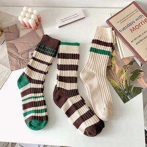 Detailed view of striped cotton blend crew socks with vintage brown and green knit texture