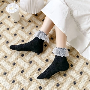 Chaussettes Mi-Mollet En Coton Pour Femmes Avec Dentelle Nœud Künstliche Perle Style Lolita Doux Japonais JK Nervurées