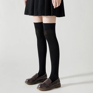 Women Over The Knee High Socks Cotton Blend Elastic Non-Slip Ribbed Cuff Solid Color Japanese JK Preppy Style School