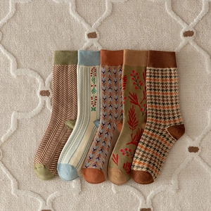 5-pair pack of vintage mid-calf socks with plaid and floral patterns in autumn tones