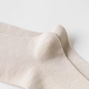 Gros plan de chaussettes en tricot beige montrant la texture côtelée et le talon renforcé